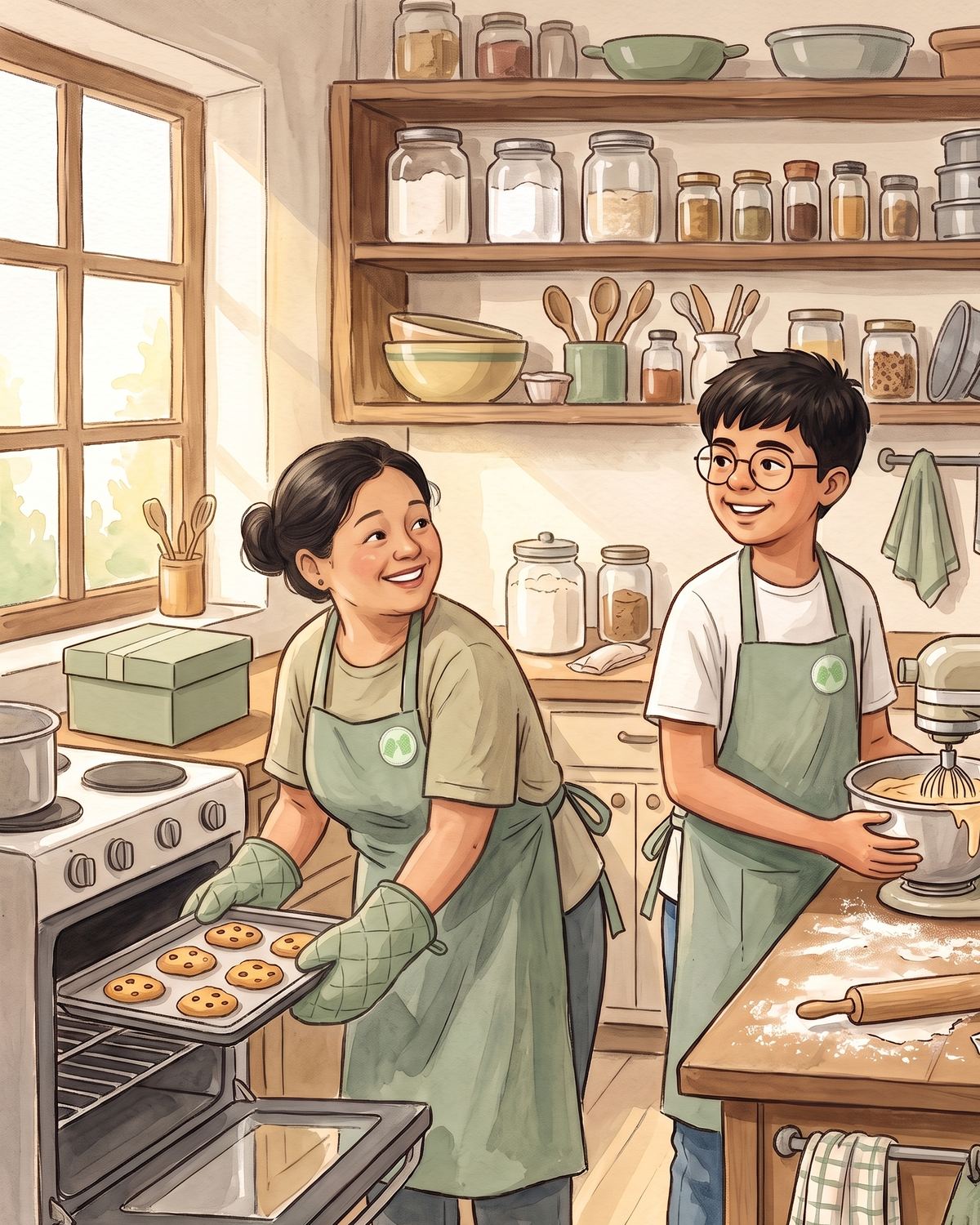 Arpita and Ayushman baking together in the kitchen, illustrated