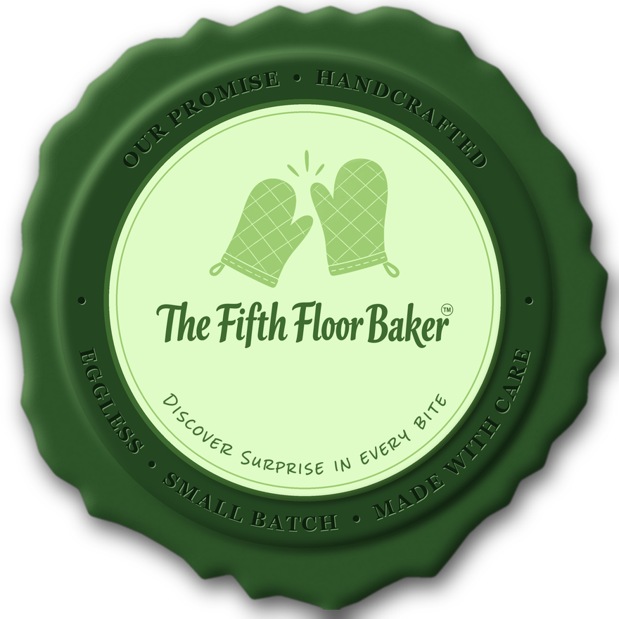 The Fifth Floor Baker promise seal: handcrafted, eggless, small batch, made with care
